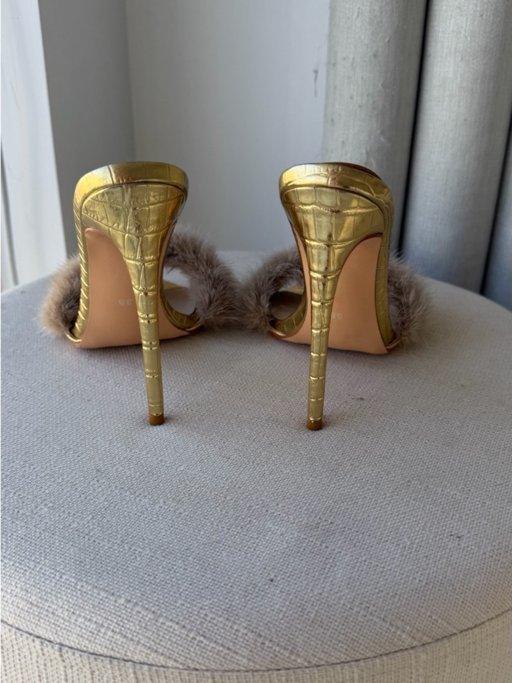 Gold Stiletto Mule with Taupe Fur Trim - Women's Luxury Slide - Picture 10 of 13